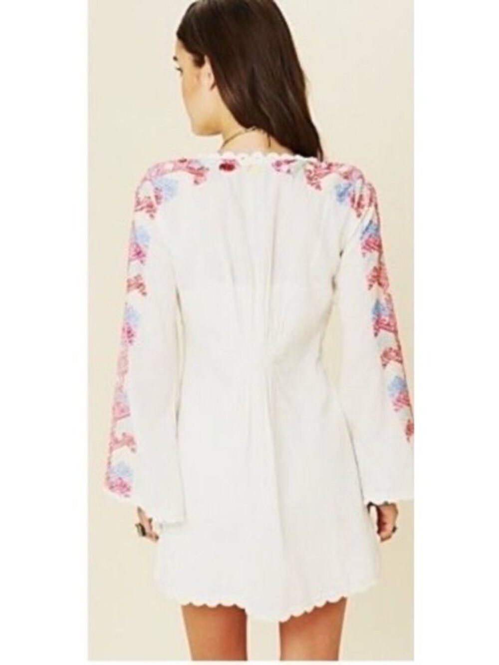 Free People White Embroidered Crochet Trim Bell Sleeve Mini Dress 4| Cottagecore - Picture 10 of 16